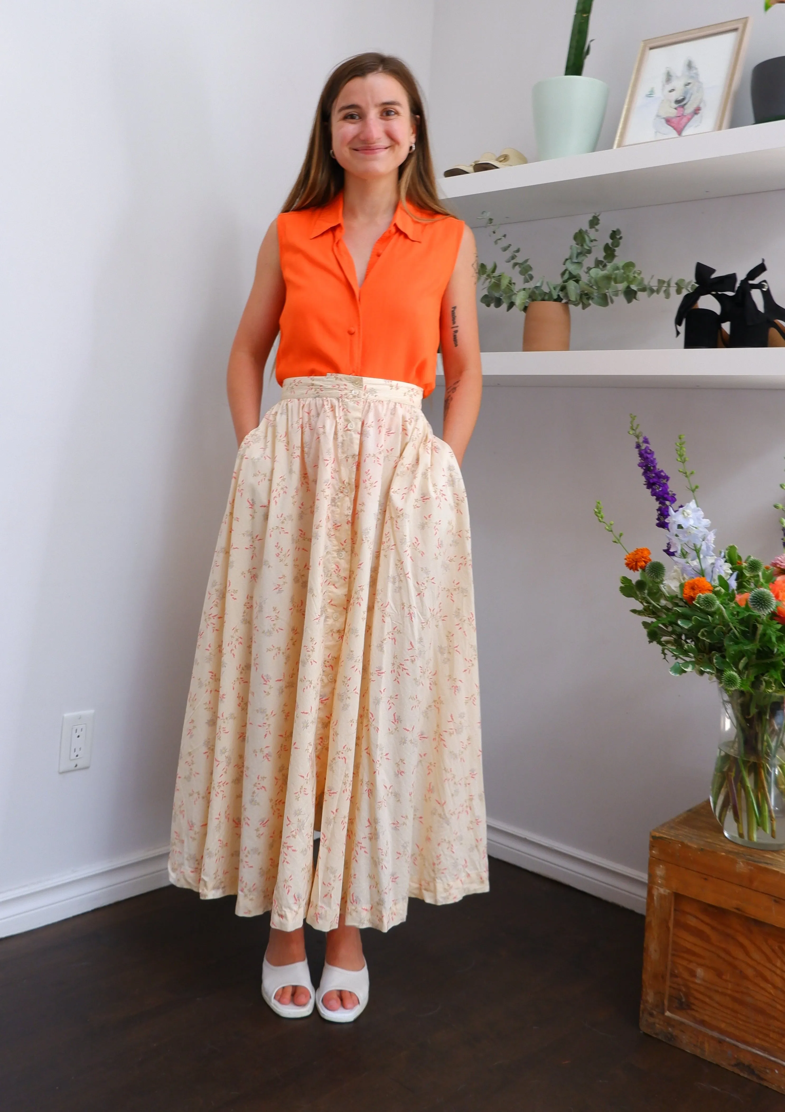 90s Soft Floral Midi Skirt - 10