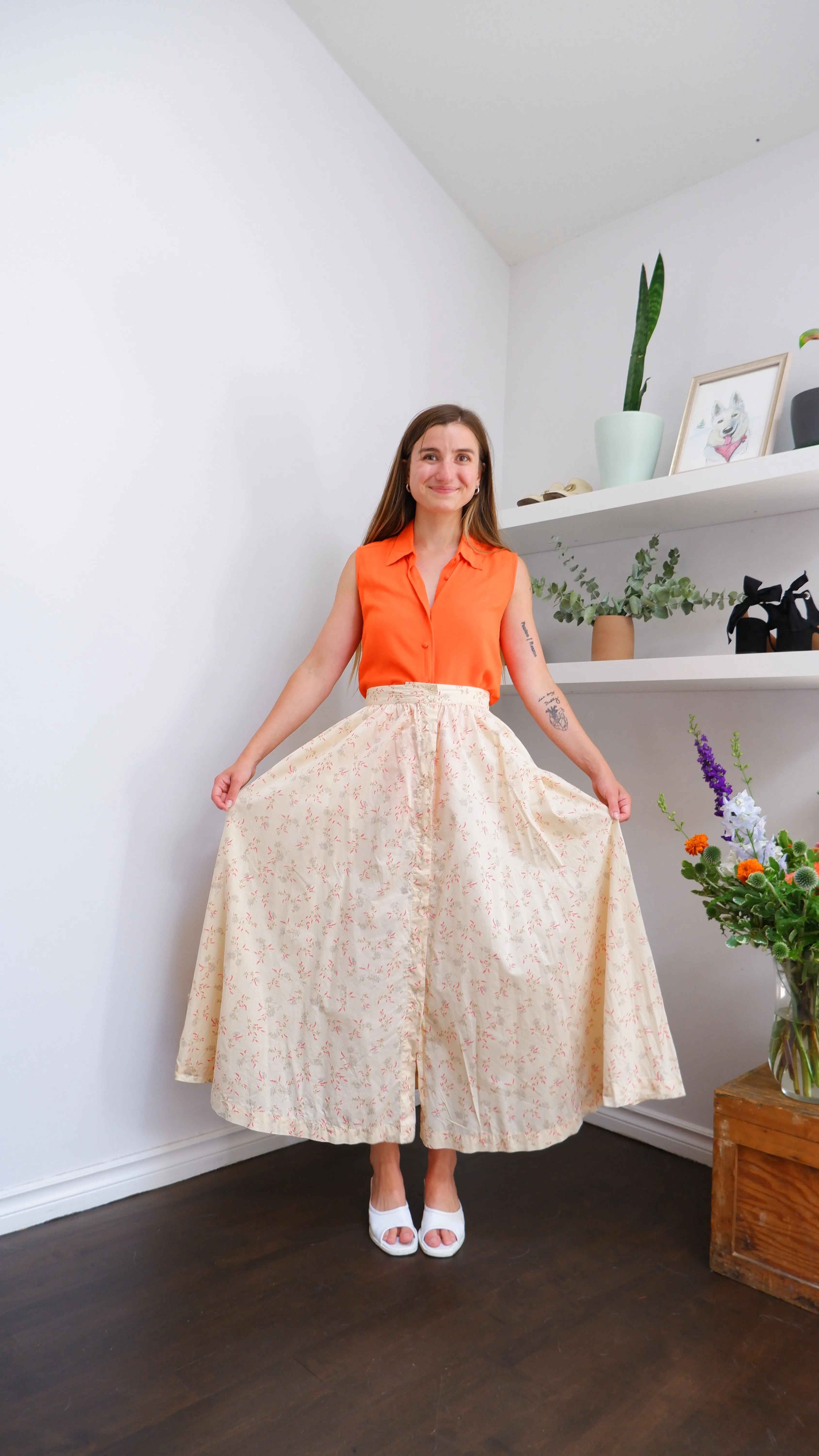 90s Soft Floral Midi Skirt - 10