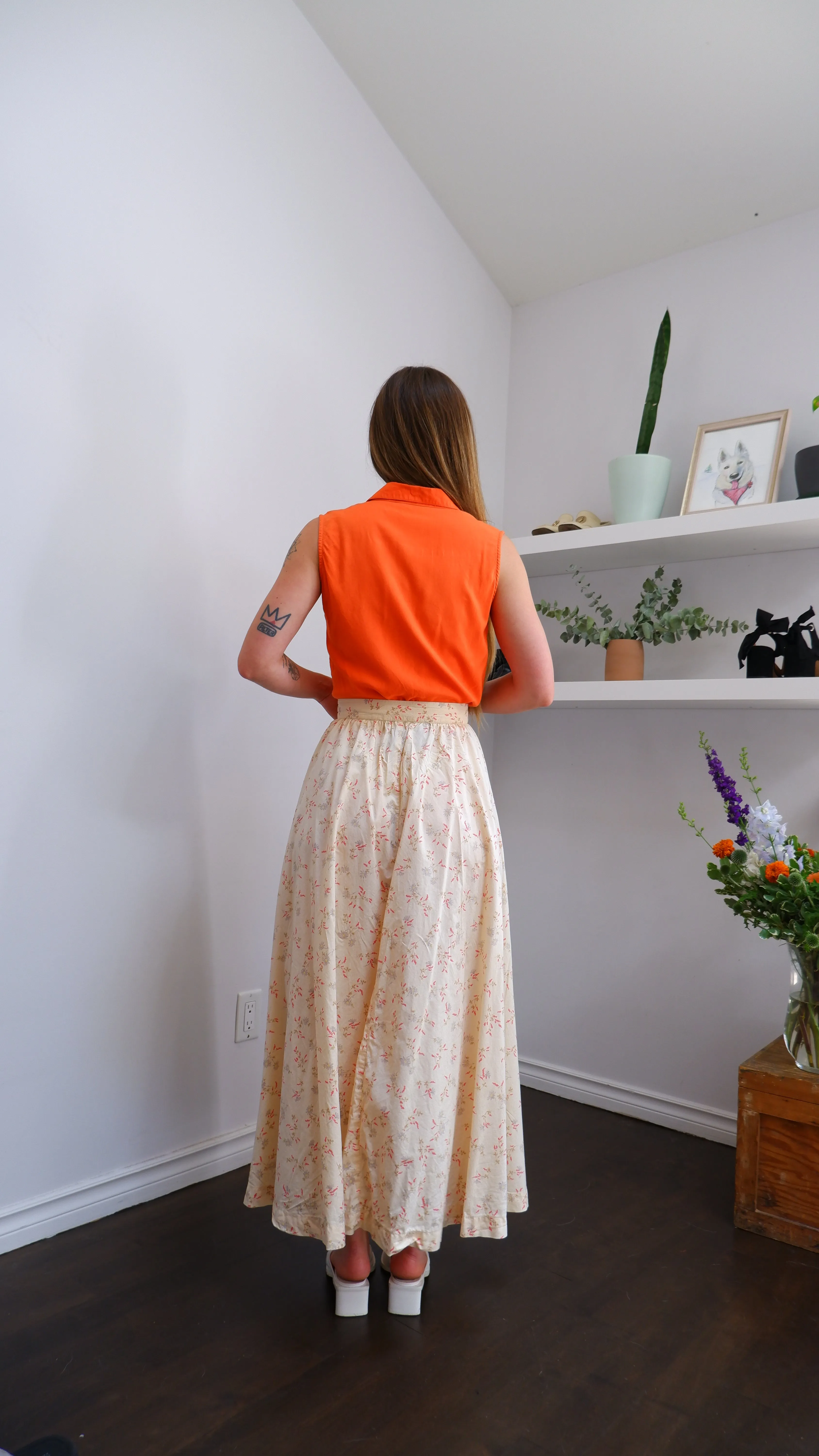 90s Soft Floral Midi Skirt - 10