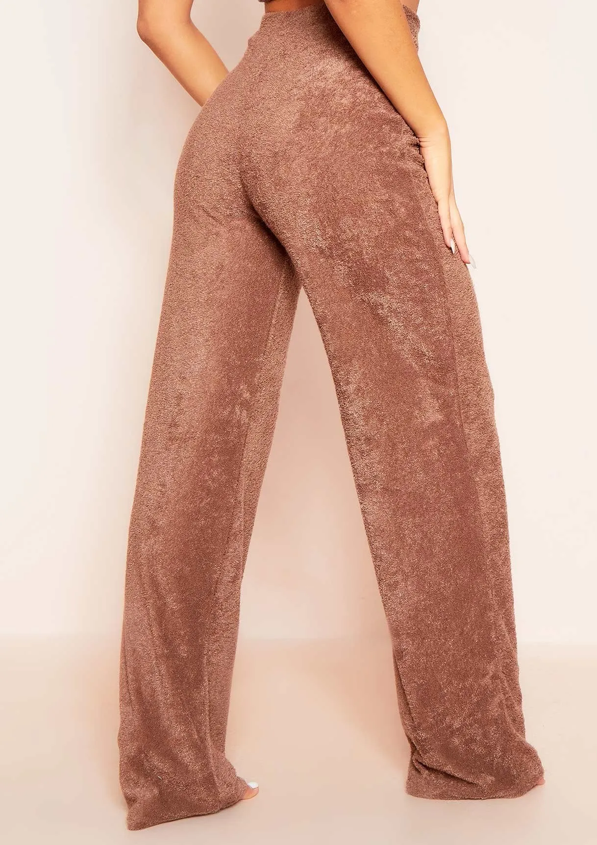 Arabella Mocha Soft Towelling Wide Leg Trousers