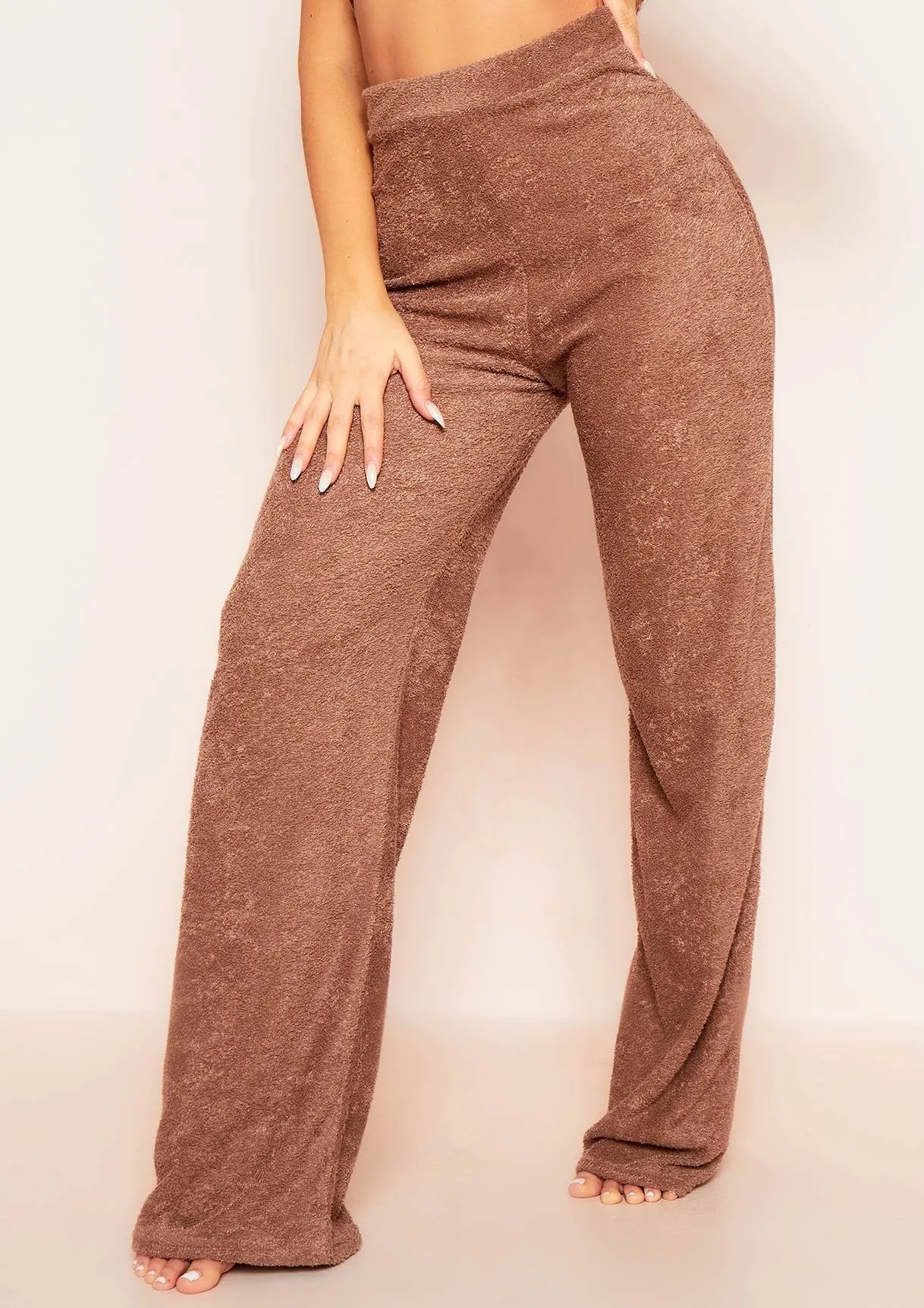 Arabella Mocha Soft Towelling Wide Leg Trousers