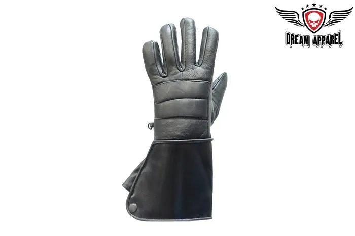 Black Leather Motorcycle Gloves with Lined Gauntlets