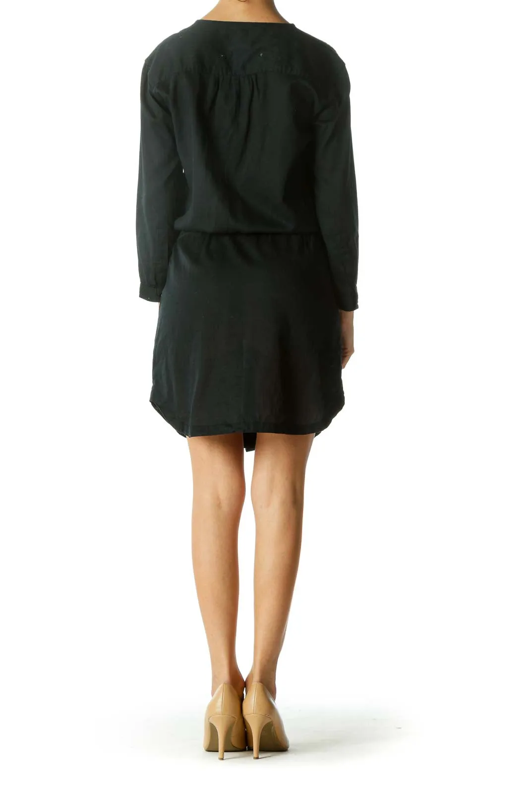 Black Ruffled Drawstring Button-Down Dress