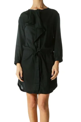 Black Ruffled Drawstring Button-Down Dress