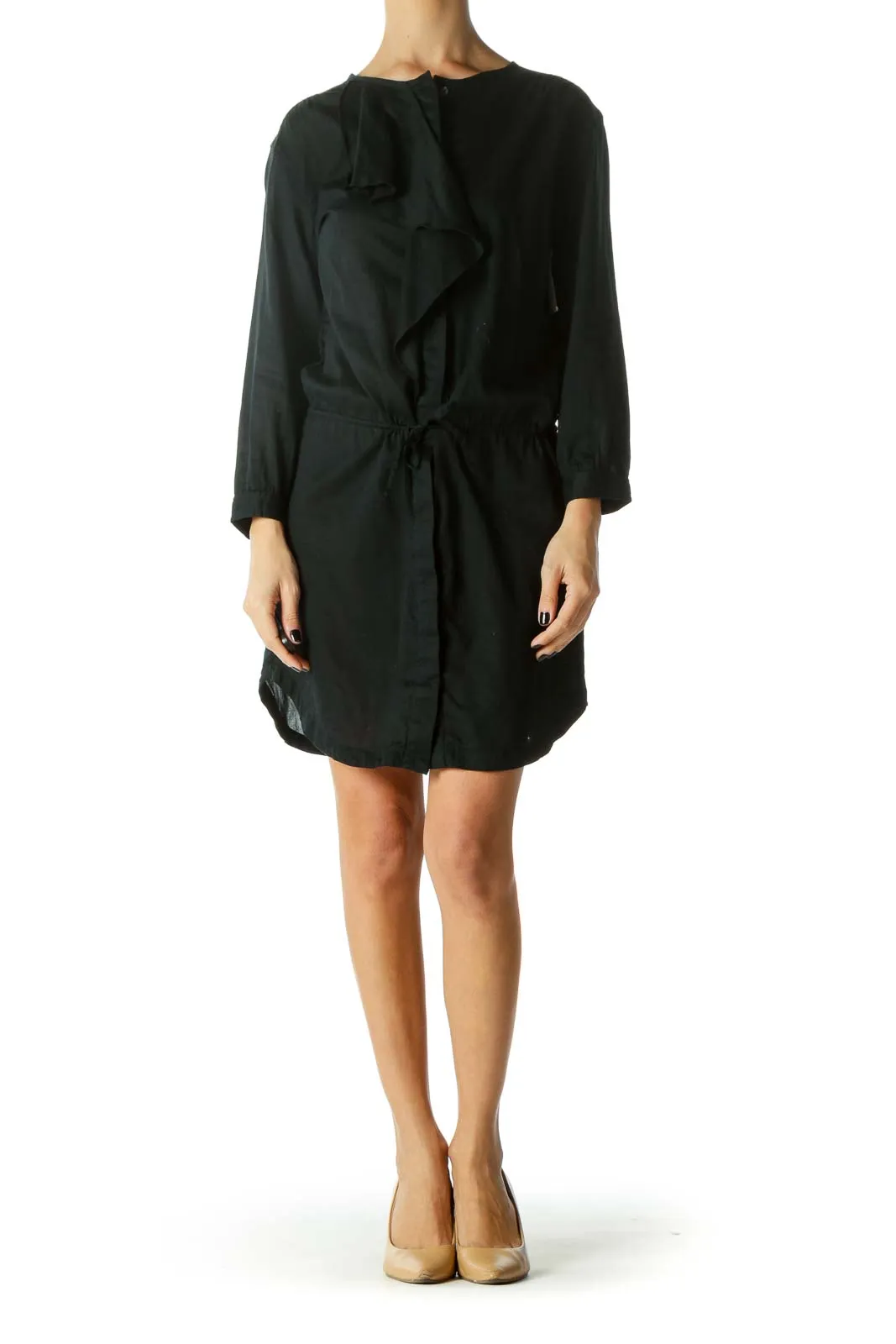 Black Ruffled Drawstring Button-Down Dress