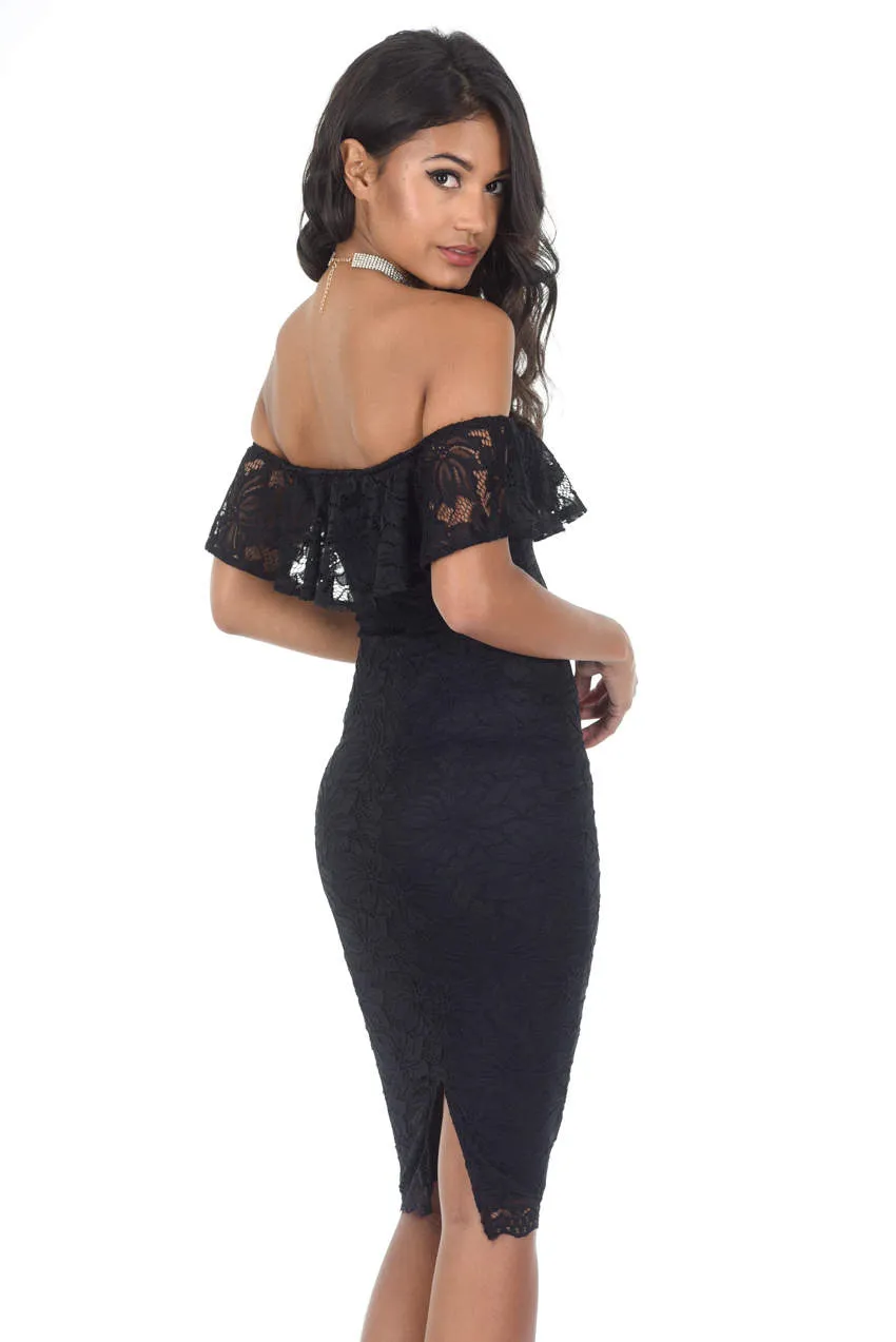 Black Ruffled Off The Shoulder Lace Midi Dress