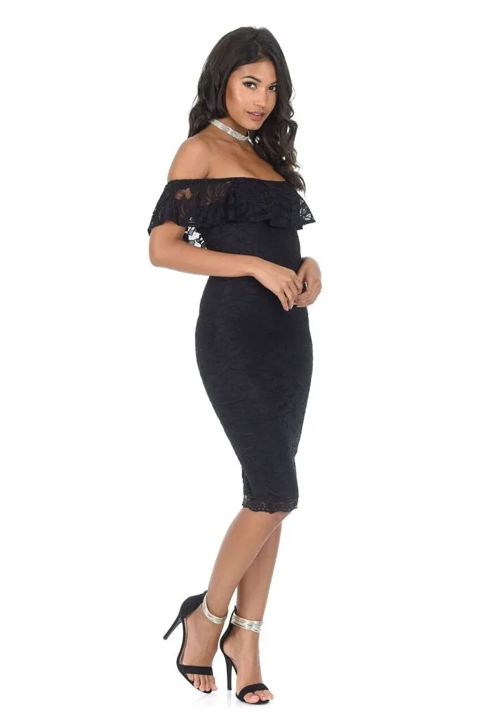 Black Ruffled Off The Shoulder Lace Midi Dress