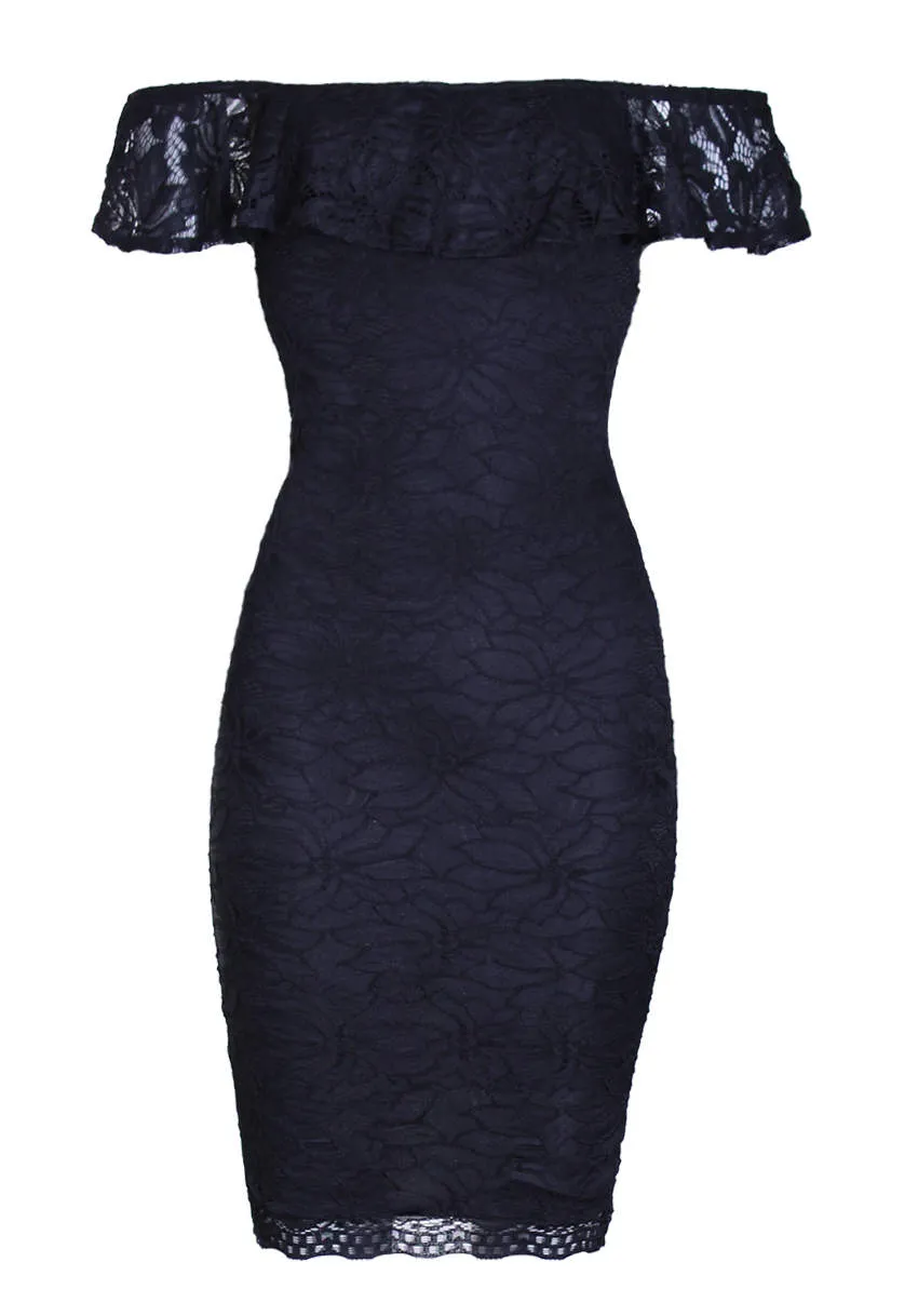 Black Ruffled Off The Shoulder Lace Midi Dress