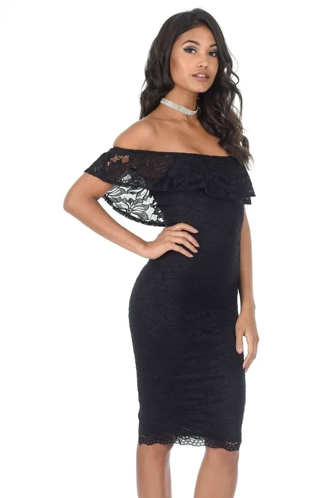 Black Ruffled Off The Shoulder Lace Midi Dress