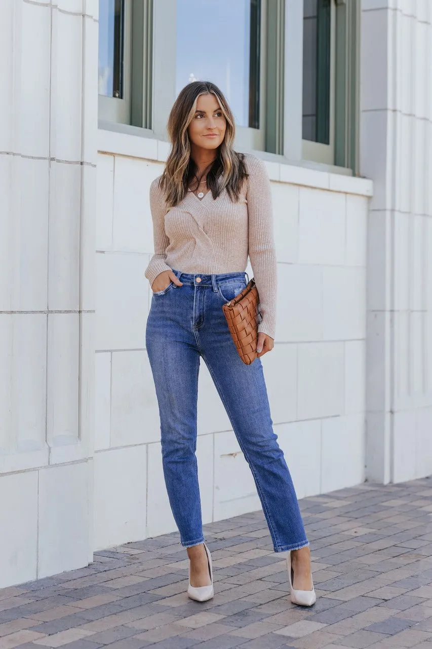 Braided Front Tan Ribbed Sweater