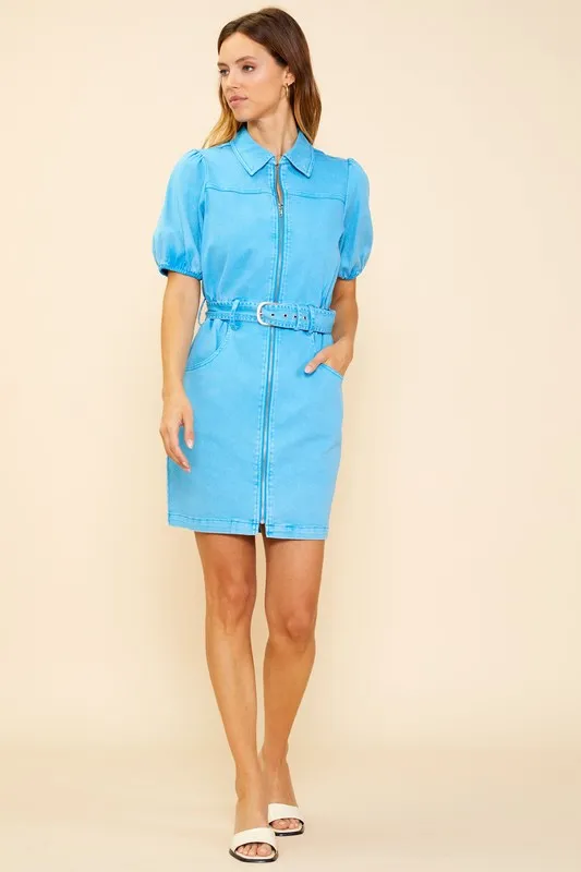 Bright Blue Washed Cotton Twill Zipper Dress