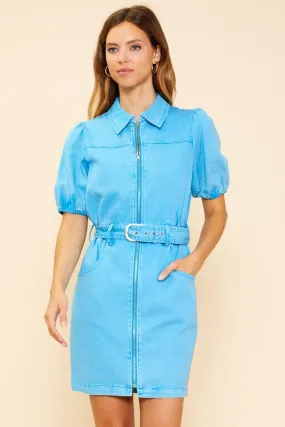 Bright Blue Washed Cotton Twill Zipper Dress