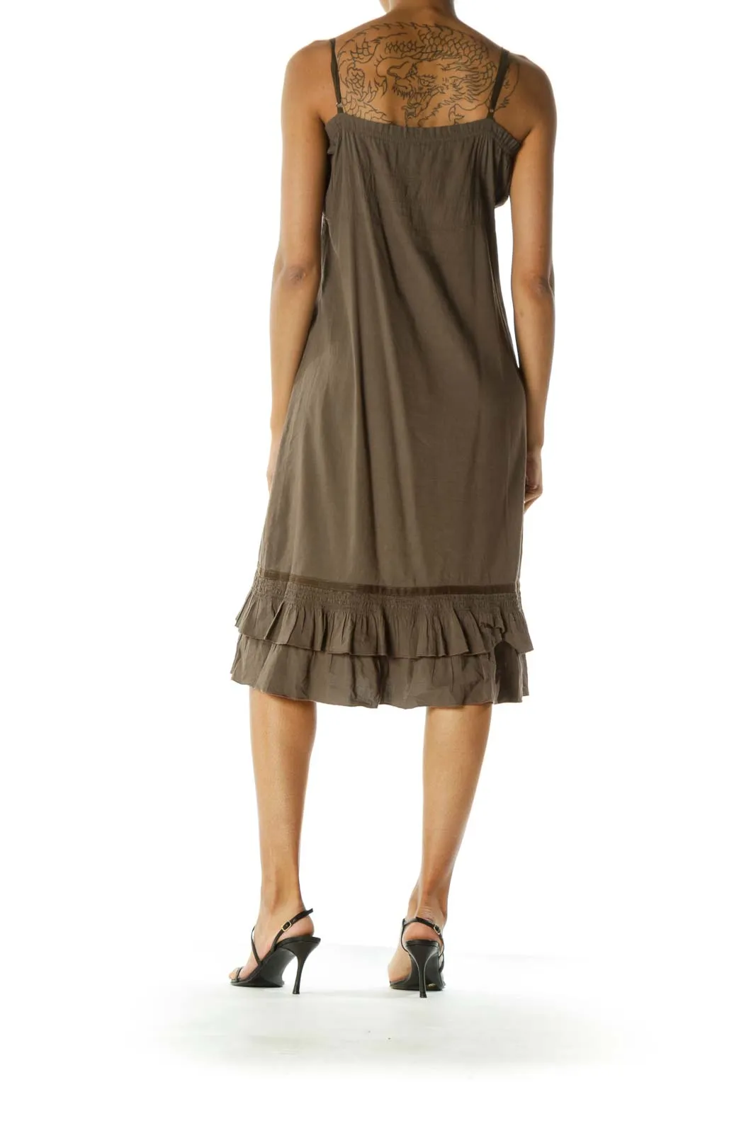 Brown Square Neck Spaghetti Strap Ruffled Detail Day Dress