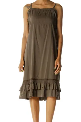 Brown Square Neck Spaghetti Strap Ruffled Detail Day Dress