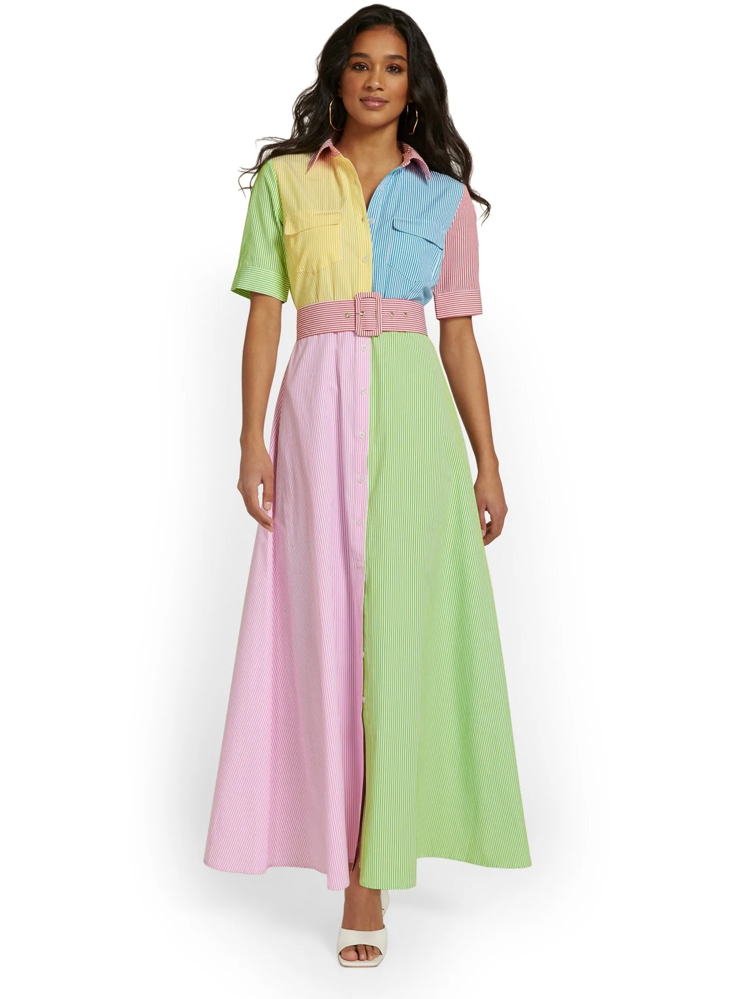 Colorblock Striped Poplin Maxi Shirtdress