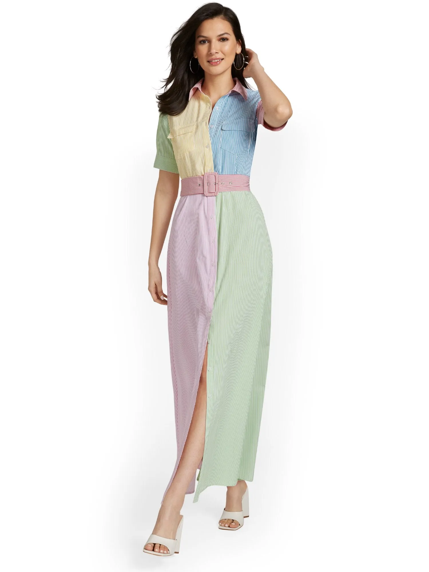 Colorblock Striped Poplin Maxi Shirtdress