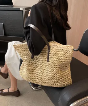 DIY Beige Zip Up Patchwork Straw Woven Satchel Bag Handbag