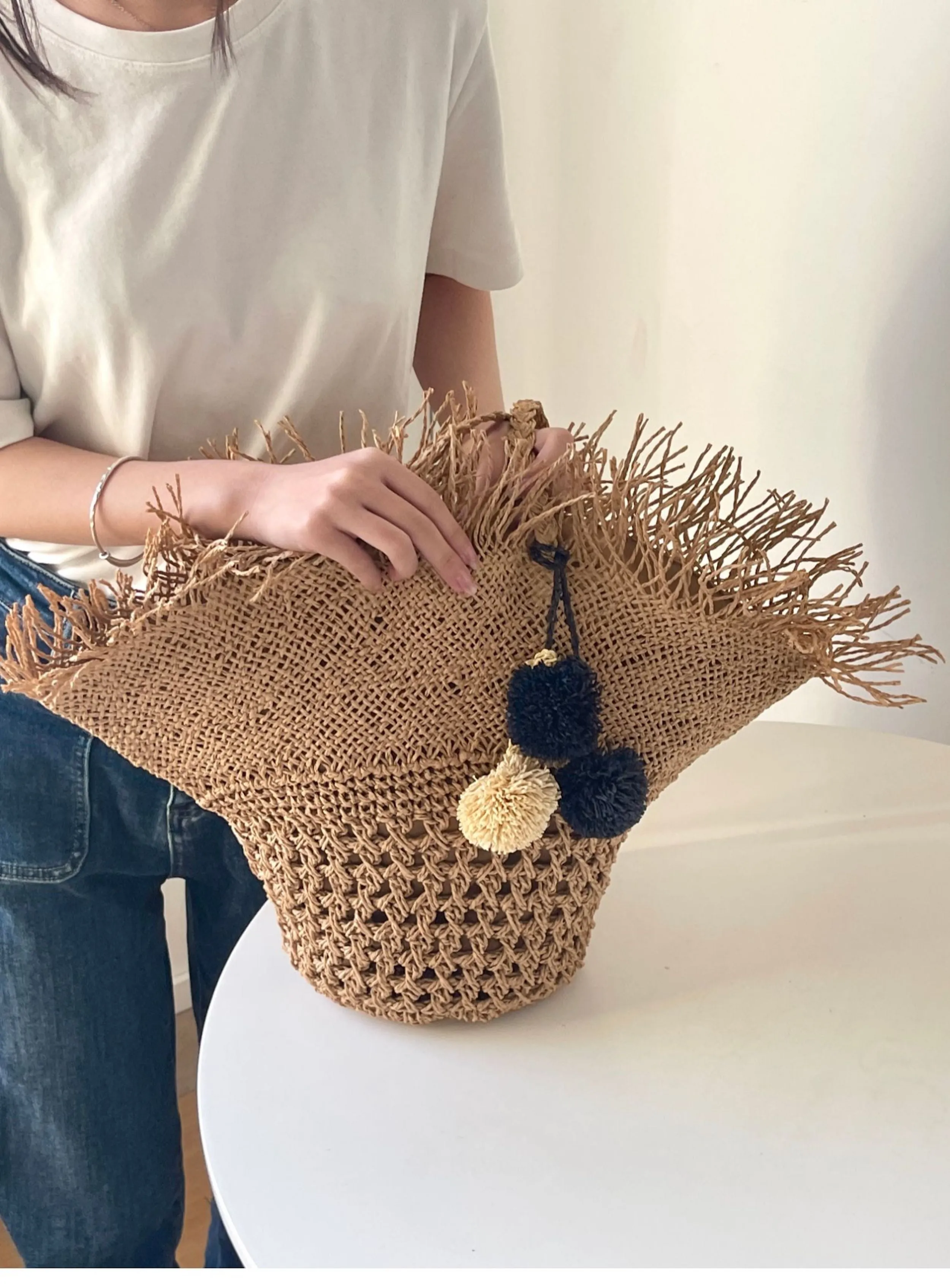 Elena Handbags Straw Woven Hat Shape Tote with Pom Pom