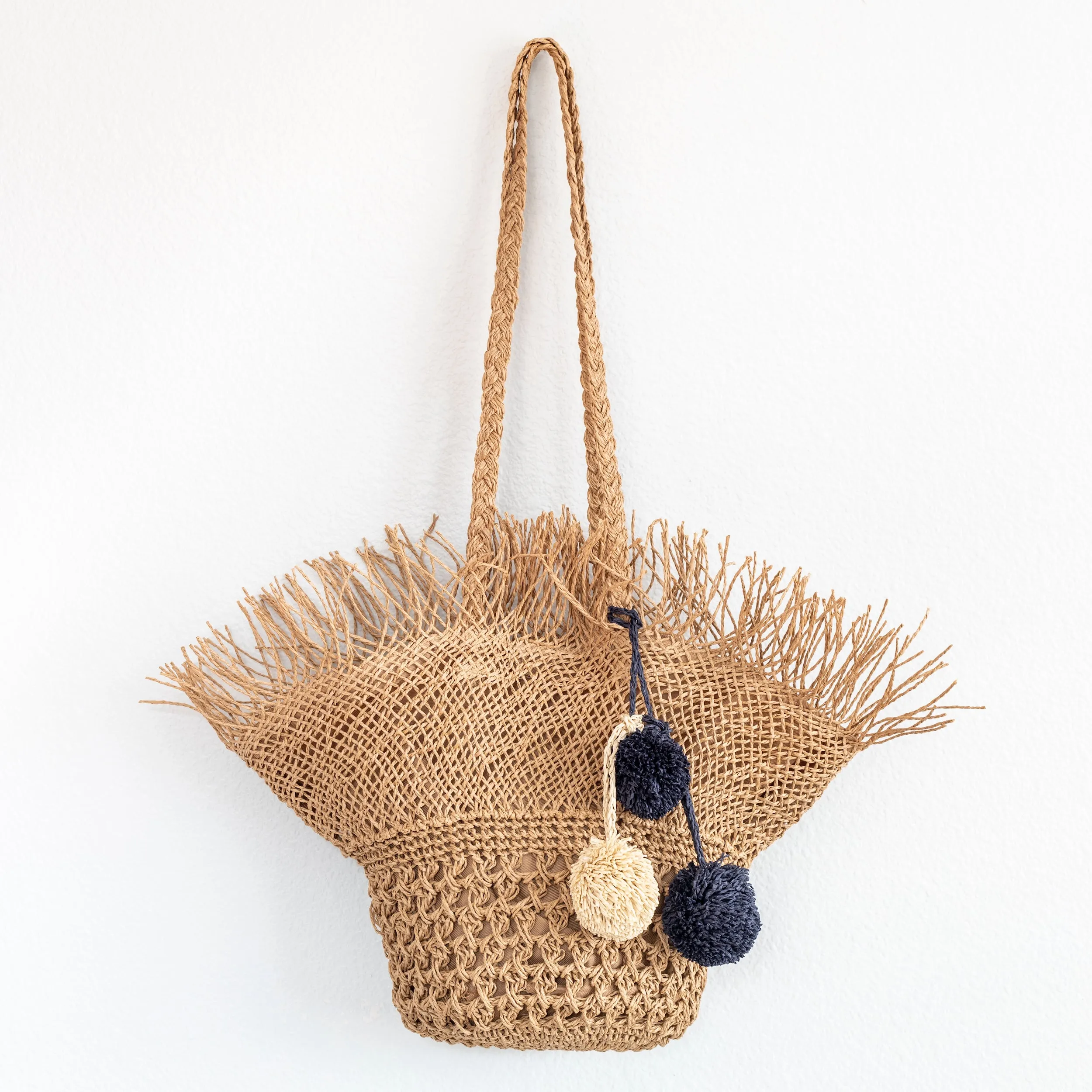 Elena Handbags Straw Woven Hat Shape Tote with Pom Pom