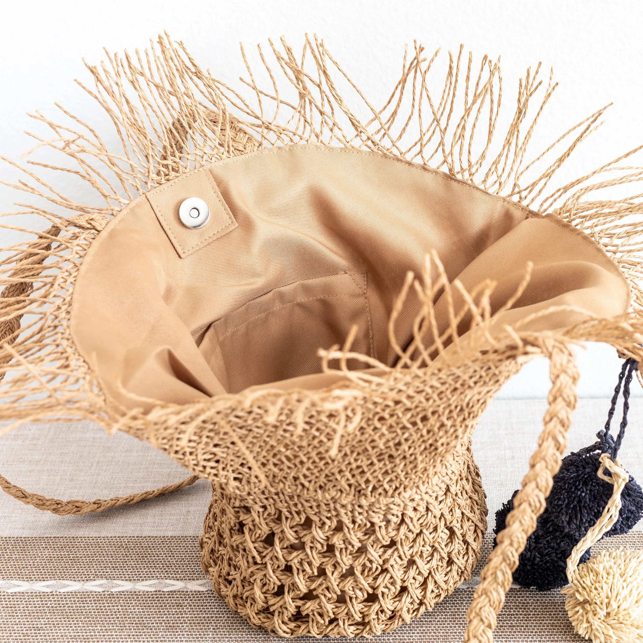 Elena Handbags Straw Woven Hat Shape Tote with Pom Pom