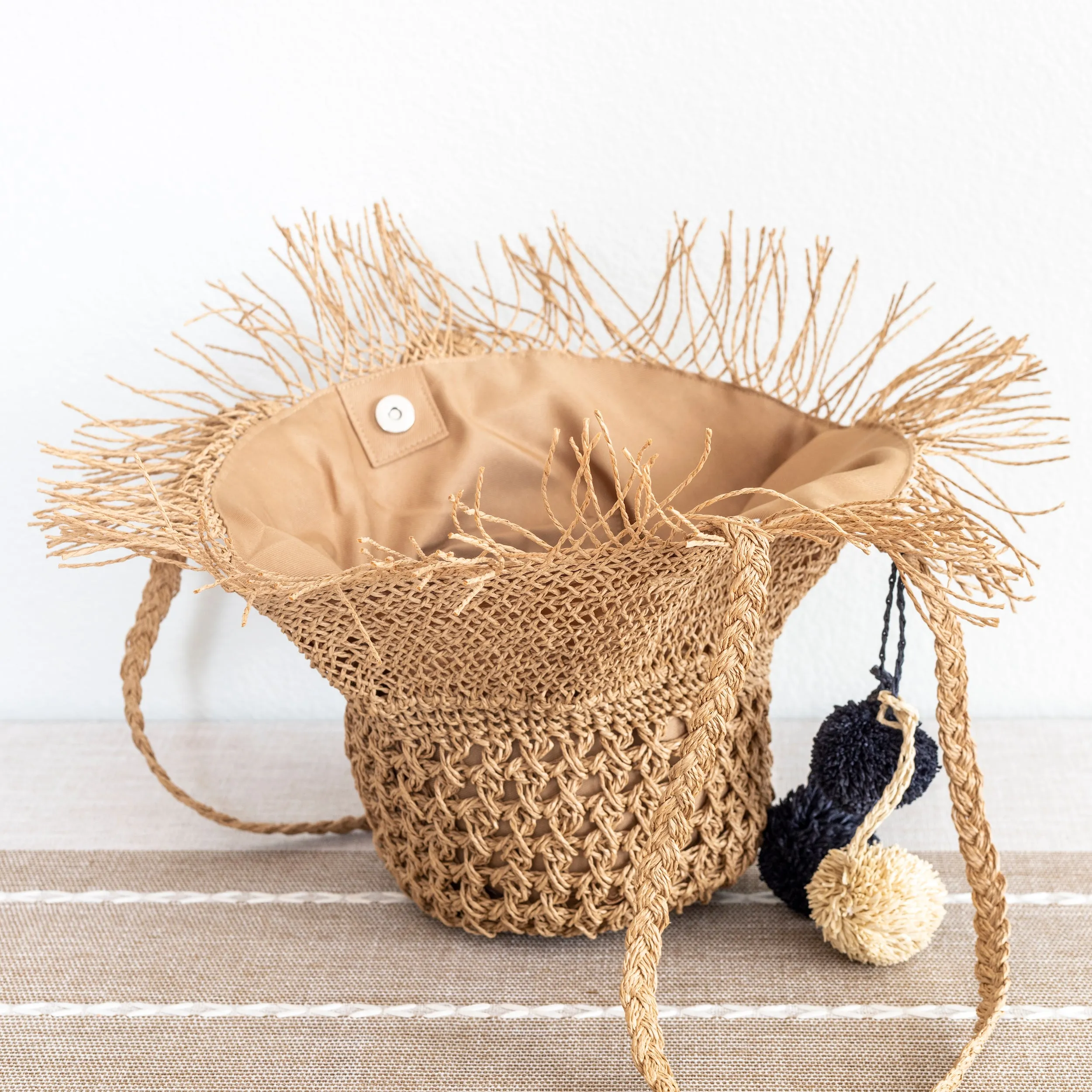 Elena Handbags Straw Woven Hat Shape Tote with Pom Pom