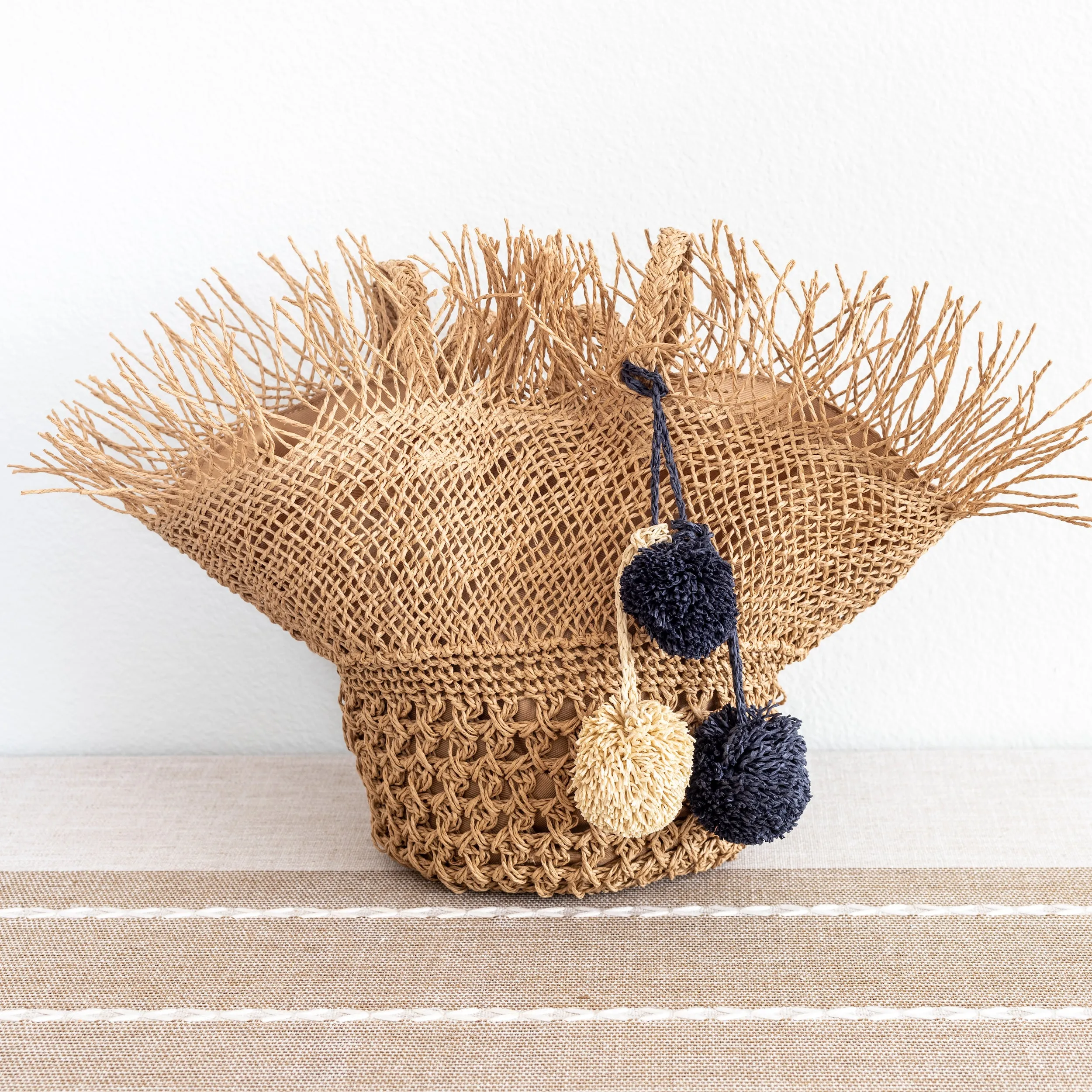 Elena Handbags Straw Woven Hat Shape Tote with Pom Pom