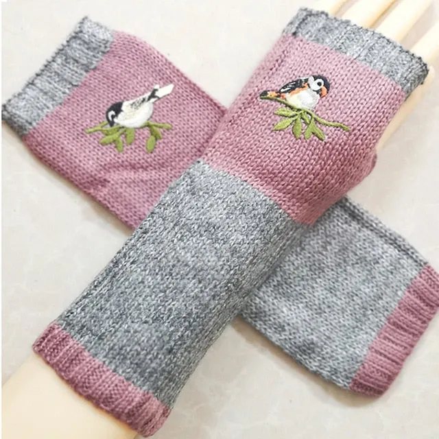 Fingerless Gloves With Embroidered Flowers Birds Or Hand Knitted Appliques 33 Different Colors! Three Different Styles Handmade Women's Warm Winter Embroidery Texting Gloves One Size