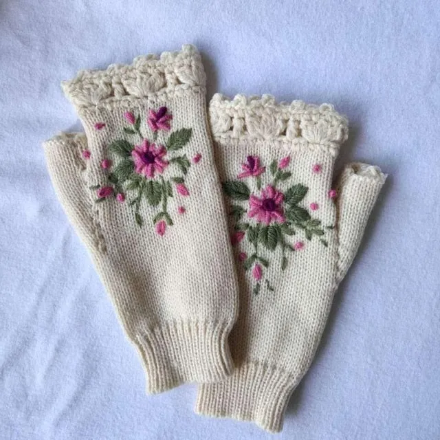 Fingerless Gloves With Embroidered Flowers Birds Or Hand Knitted Appliques 33 Different Colors! Three Different Styles Handmade Women's Warm Winter Embroidery Texting Gloves One Size