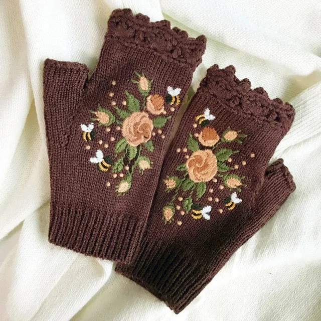 Fingerless Gloves With Embroidered Flowers Birds Or Hand Knitted Appliques 33 Different Colors! Three Different Styles Handmade Women's Warm Winter Embroidery Texting Gloves One Size