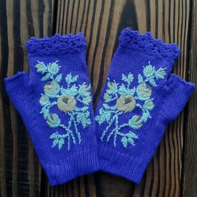 Fingerless Gloves With Embroidered Flowers Birds Or Hand Knitted Appliques 33 Different Colors! Three Different Styles Handmade Women's Warm Winter Embroidery Texting Gloves One Size