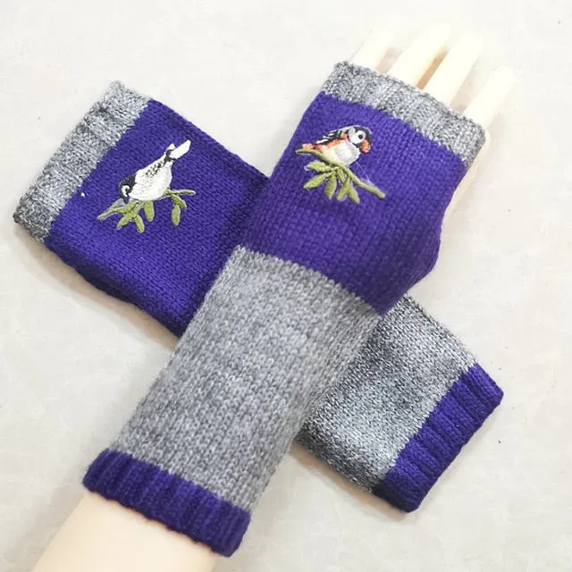 Fingerless Gloves With Embroidered Flowers Birds Or Hand Knitted Appliques 33 Different Colors! Three Different Styles Handmade Women's Warm Winter Embroidery Texting Gloves One Size