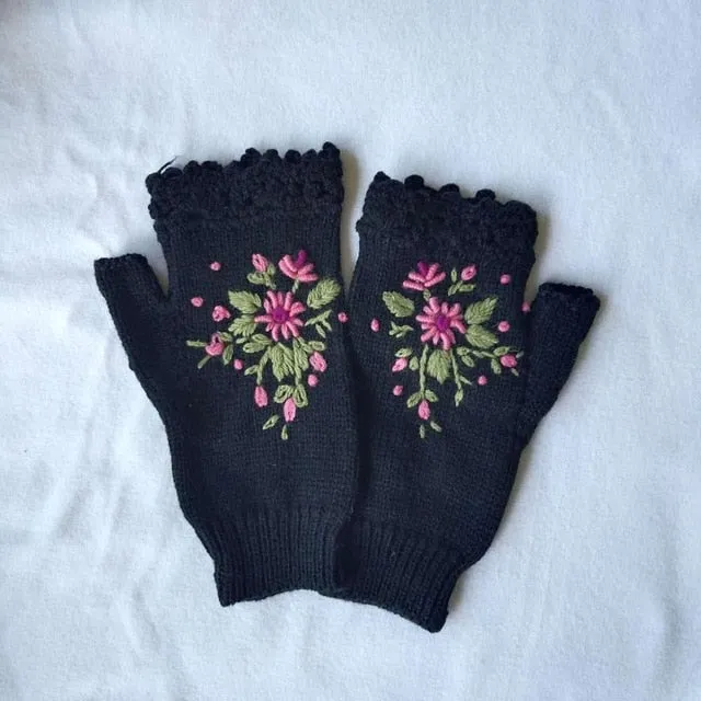 Fingerless Gloves With Embroidered Flowers Birds Or Hand Knitted Appliques 33 Different Colors! Three Different Styles Handmade Women's Warm Winter Embroidery Texting Gloves One Size