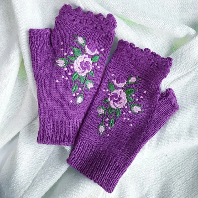 Fingerless Gloves With Embroidered Flowers Birds Or Hand Knitted Appliques 33 Different Colors! Three Different Styles Handmade Women's Warm Winter Embroidery Texting Gloves One Size