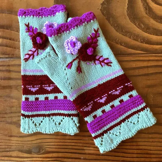 Fingerless Gloves With Embroidered Flowers Birds Or Hand Knitted Appliques 33 Different Colors! Three Different Styles Handmade Women's Warm Winter Embroidery Texting Gloves One Size