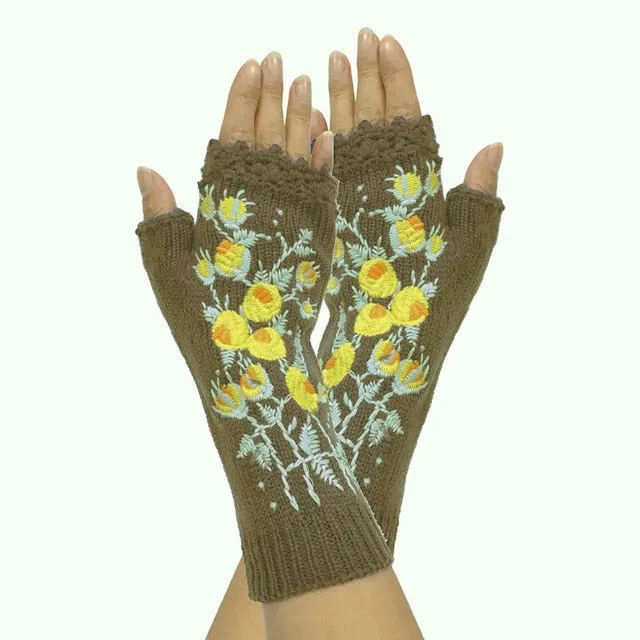 Fingerless Gloves With Embroidered Flowers Birds Or Hand Knitted Appliques 33 Different Colors! Three Different Styles Handmade Women's Warm Winter Embroidery Texting Gloves One Size