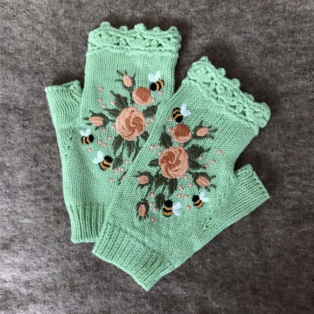 Fingerless Gloves With Embroidered Flowers Birds Or Hand Knitted Appliques 33 Different Colors! Three Different Styles Handmade Women's Warm Winter Embroidery Texting Gloves One Size