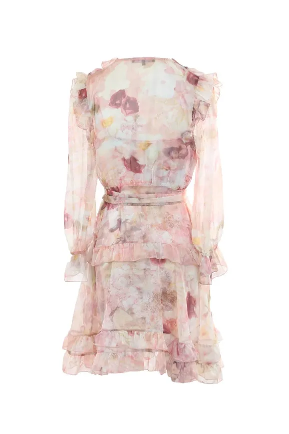 Floral Print Ruffled High Low Sheer Midi Dress