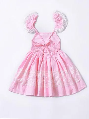 Flower Lace Trimmed Backless Pink Princess Dress