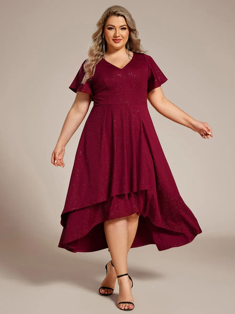 Glow Lana | Plus Size  Ruffled Sleeves Glitery V-Neck Midi Wedding Guest Dress