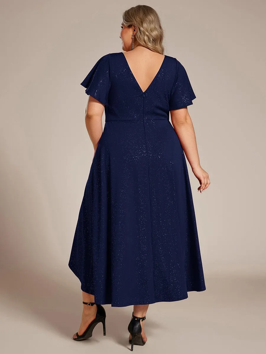 Glow Lana | Plus Size  Ruffled Sleeves Glitery V-Neck Midi Wedding Guest Dress