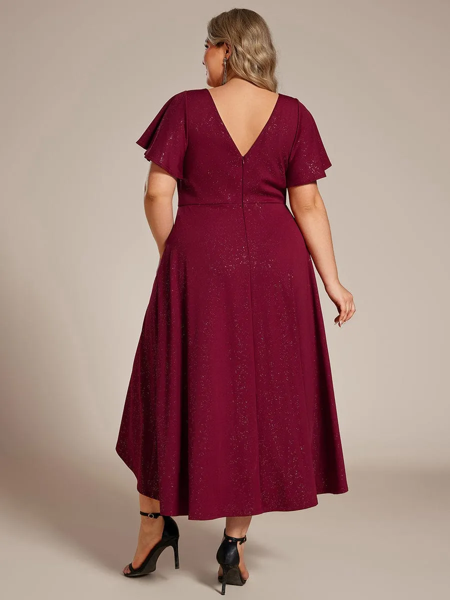 Glow Lana | Plus Size  Ruffled Sleeves Glitery V-Neck Midi Wedding Guest Dress