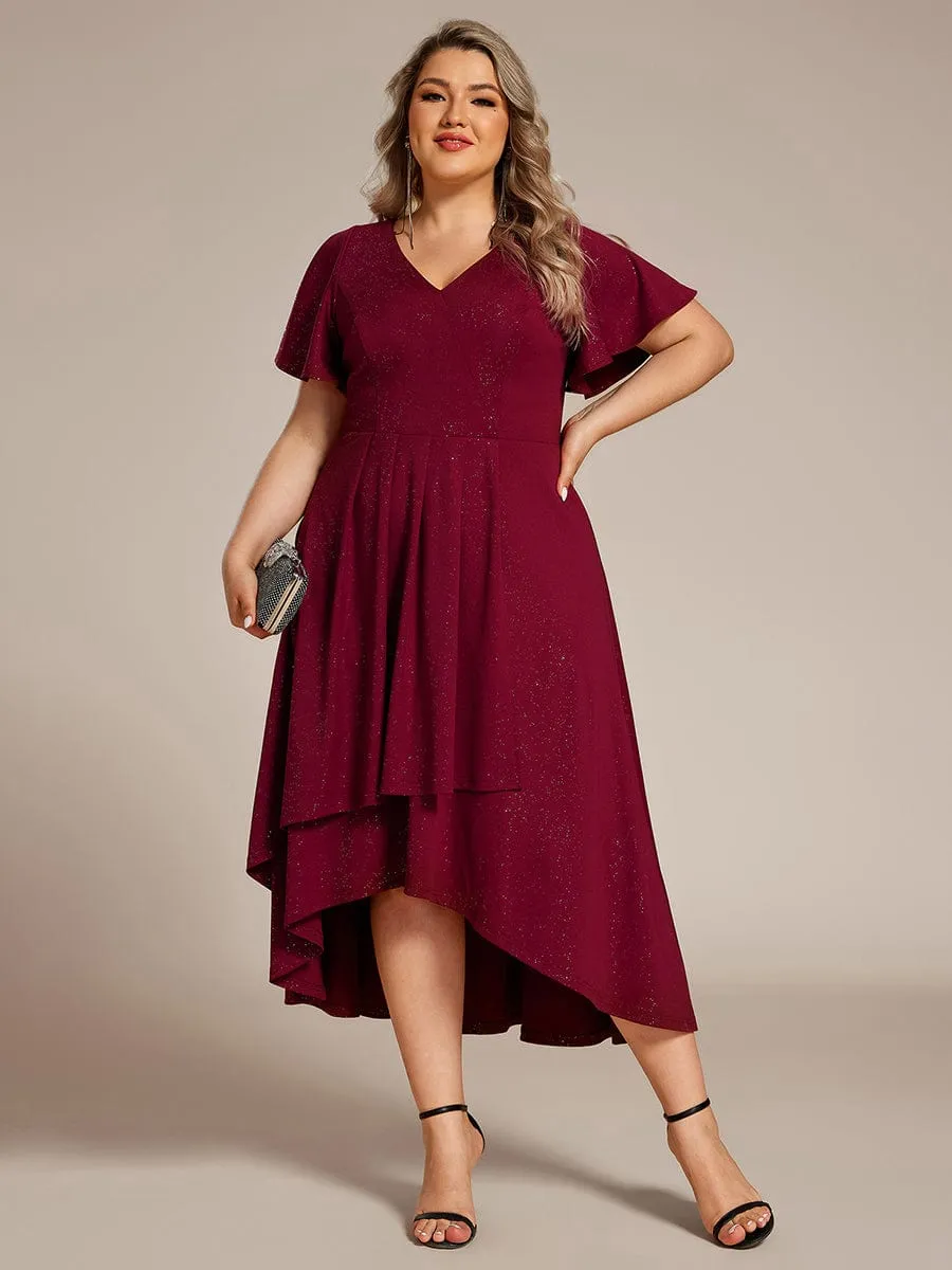 Glow Lana | Plus Size  Ruffled Sleeves Glitery V-Neck Midi Wedding Guest Dress