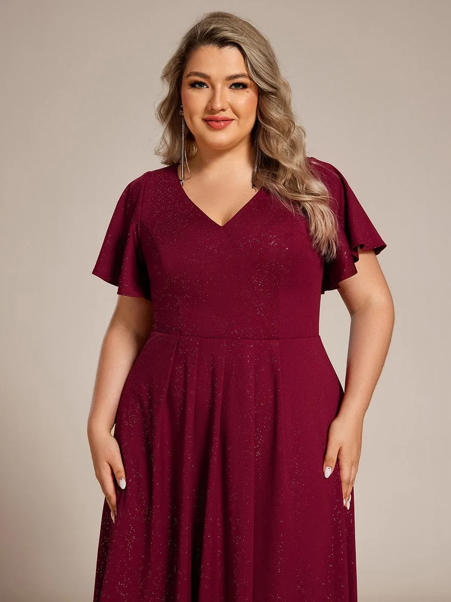 Glow Lana | Plus Size  Ruffled Sleeves Glitery V-Neck Midi Wedding Guest Dress