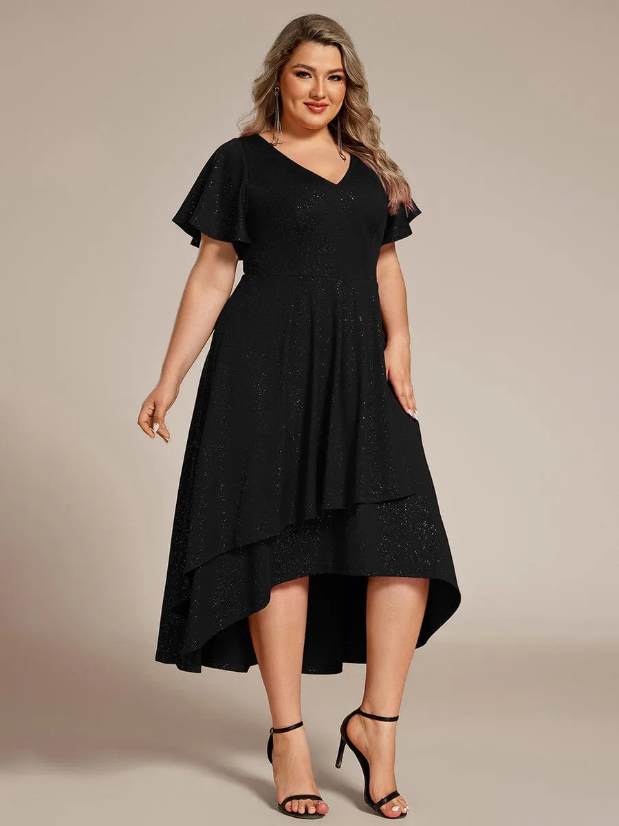 Glow Lana | Plus Size  Ruffled Sleeves Glitery V-Neck Midi Wedding Guest Dress