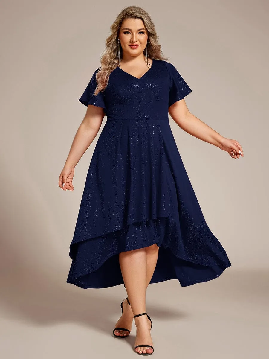 Glow Lana | Plus Size  Ruffled Sleeves Glitery V-Neck Midi Wedding Guest Dress