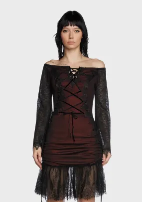 Gothic Wine Off Shoulder Lace Trumpet Sleeve Dress