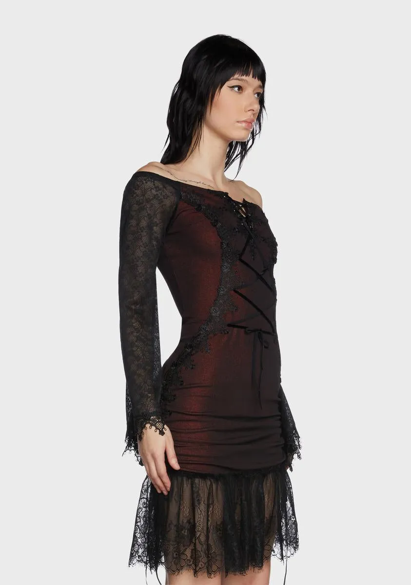 Gothic Wine Off Shoulder Lace Trumpet Sleeve Dress