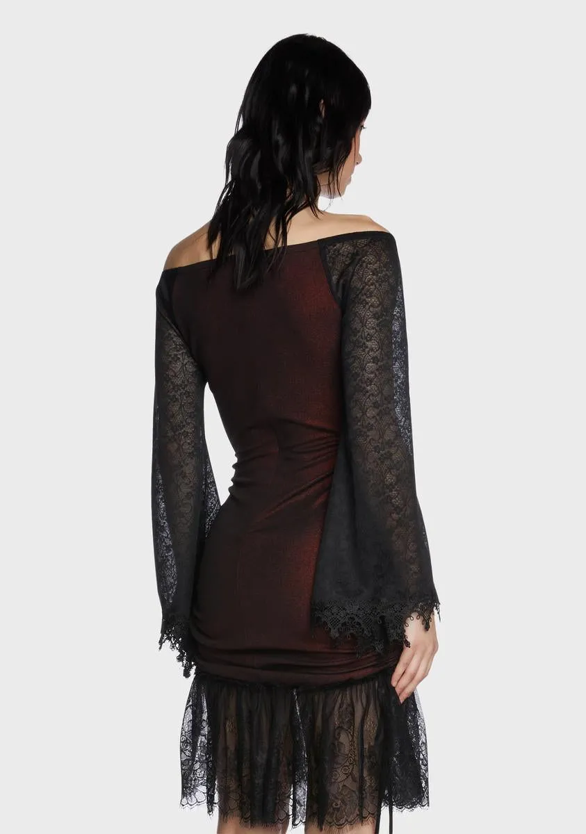 Gothic Wine Off Shoulder Lace Trumpet Sleeve Dress