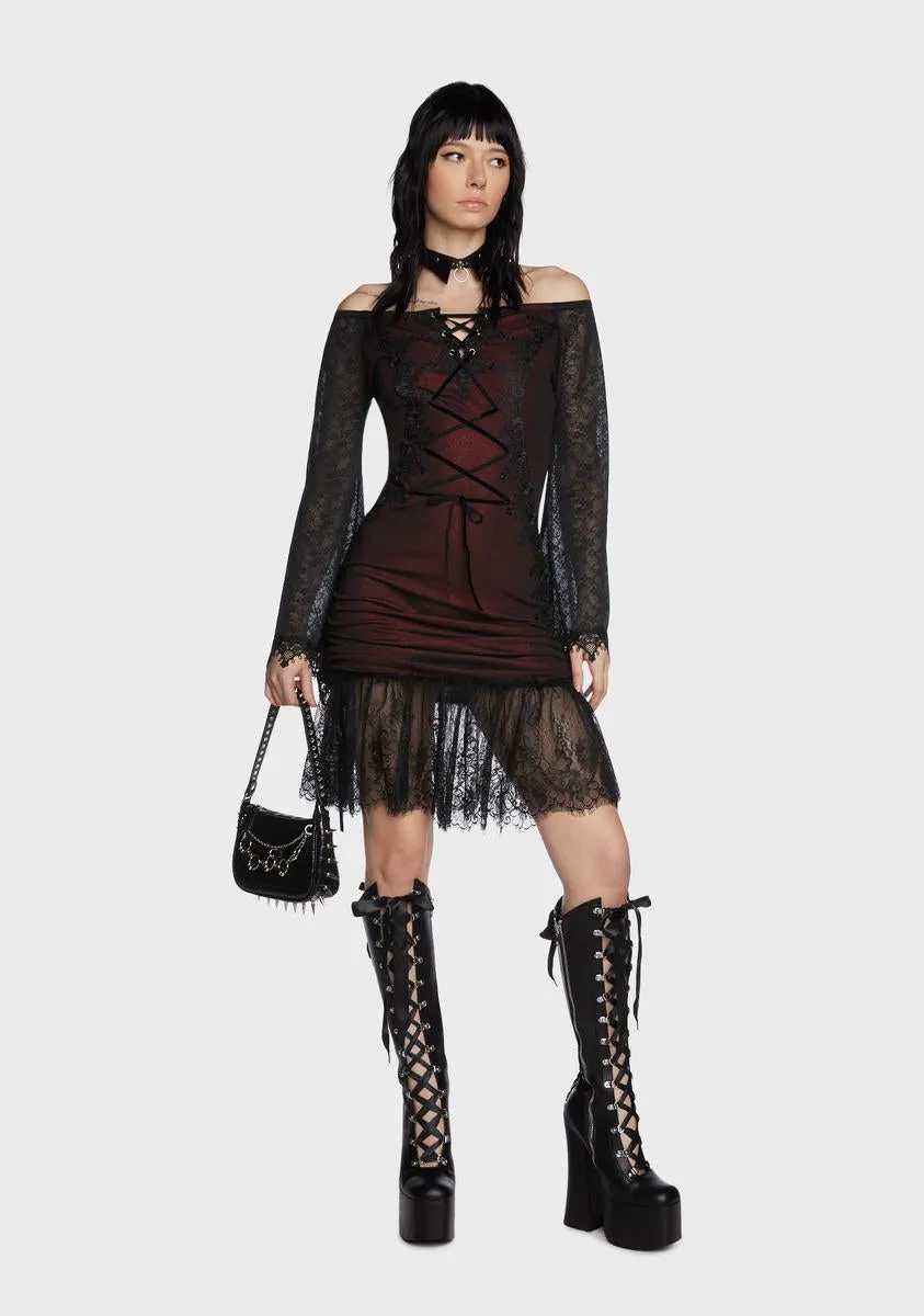 Gothic Wine Off Shoulder Lace Trumpet Sleeve Dress