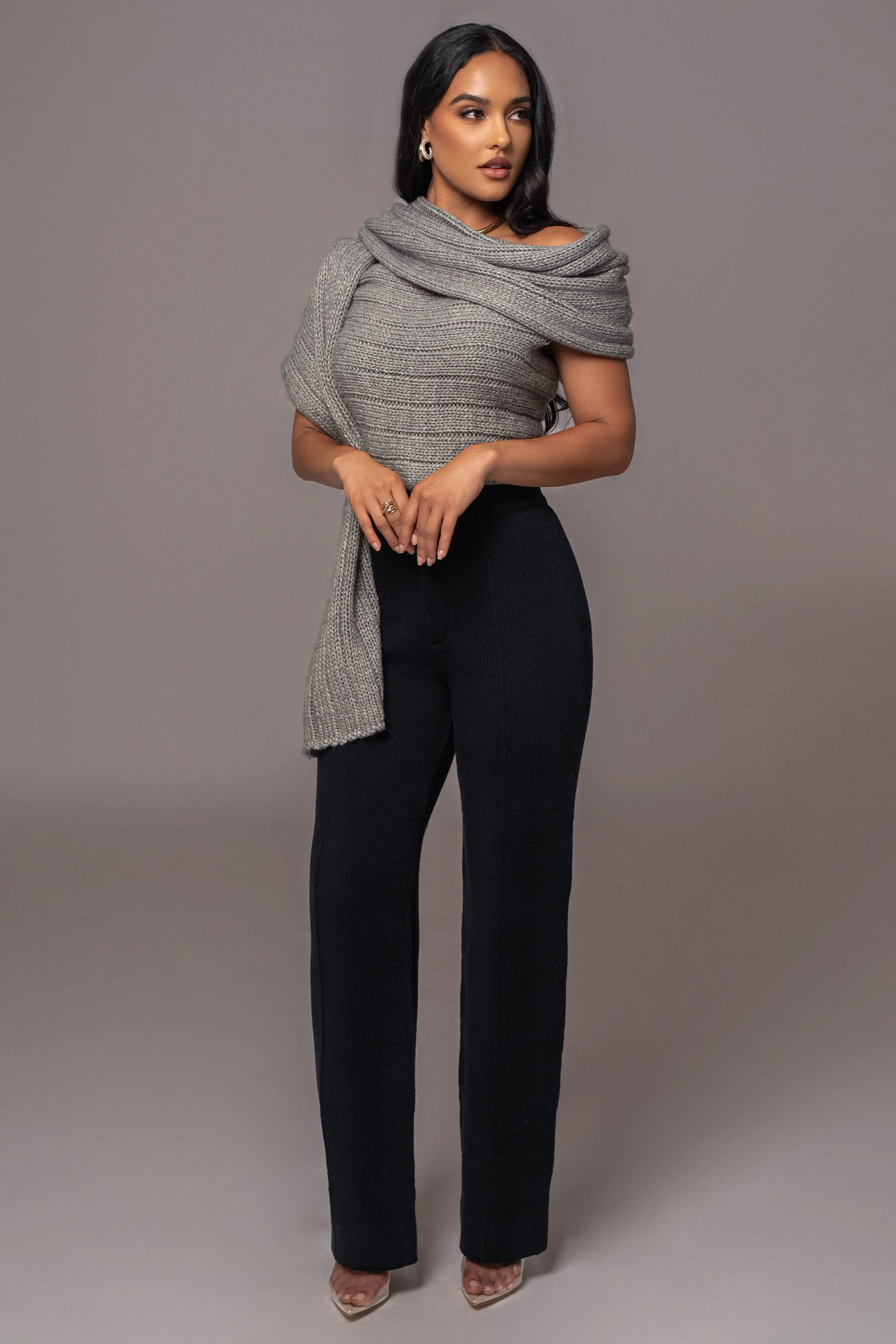 Grey Soft Life Cable Knit Sweater Top